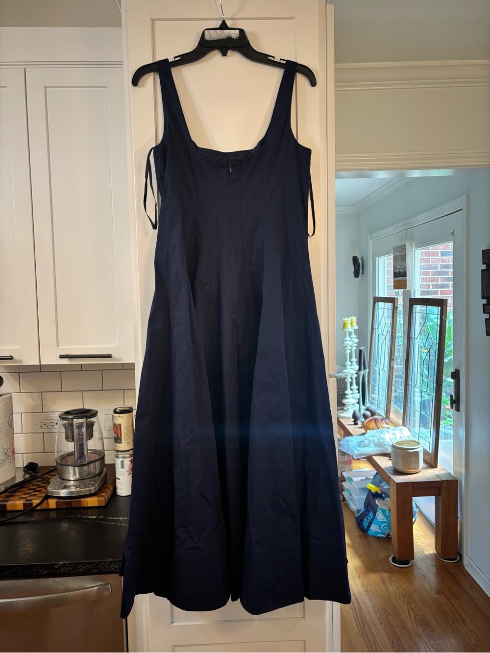 new Staud Wells paneled cotton poplin midi dress in navy blue - Picture 6 of 8